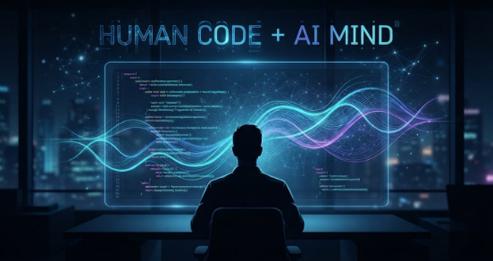 Un programmatore di spalle osserva uno schermo digitale con righe di codice e flussi luminosi di dati che simboleggiano l'Intelligenza Artificiale.